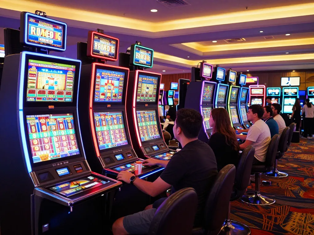 Players enjoying the excitement of slot machines on a busy casino floor