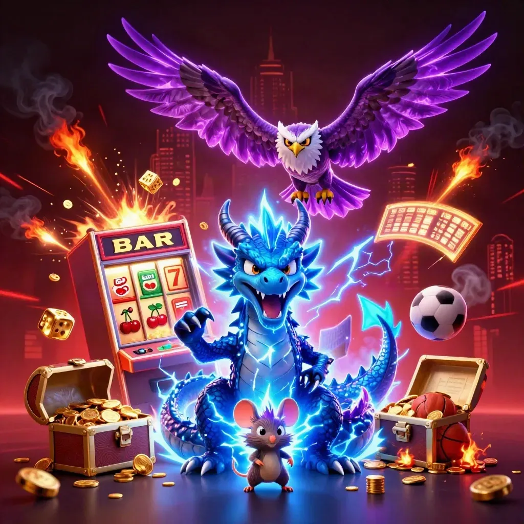 Thunder dragon, wind hawk, and static mouse amid casino bursts, coins, dice, and sports icons.