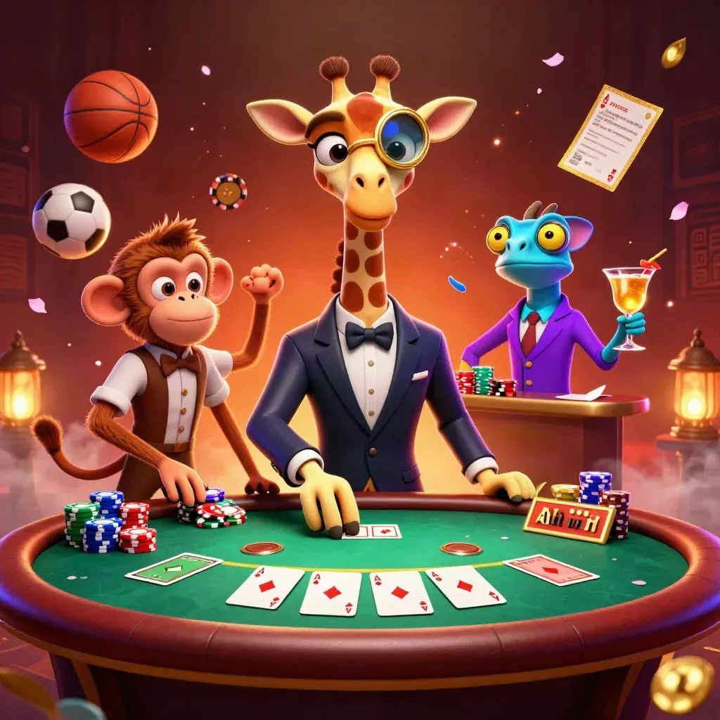 Giraffe, monkey, and chameleon at a glowing poker table with chips and sports props.