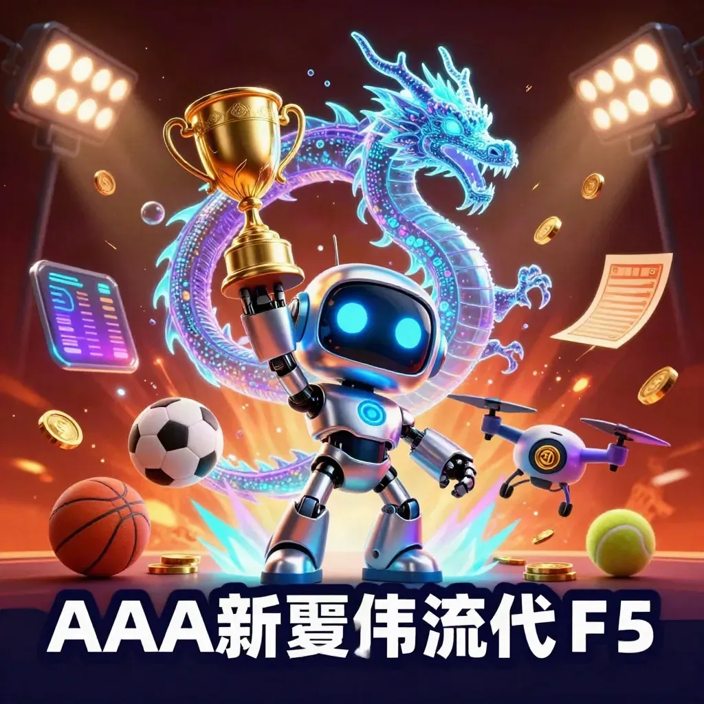 Cyberpunk robot, holographic dragon, coin drone, sports balls, gold, and neon vault energy.