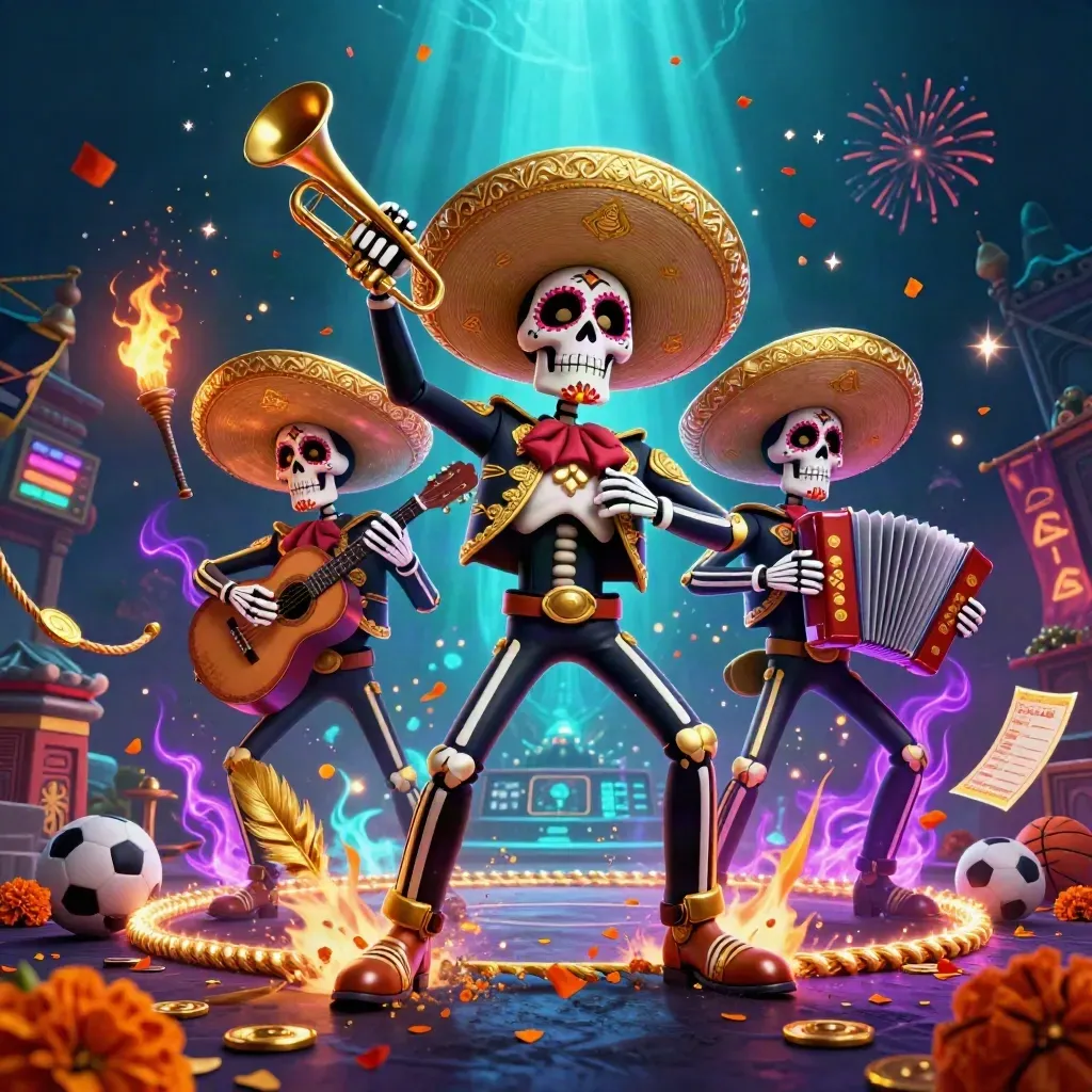 Skeleton mariachi trio amid sports balls, coins, and neon casino magic on a dark teal backdrop