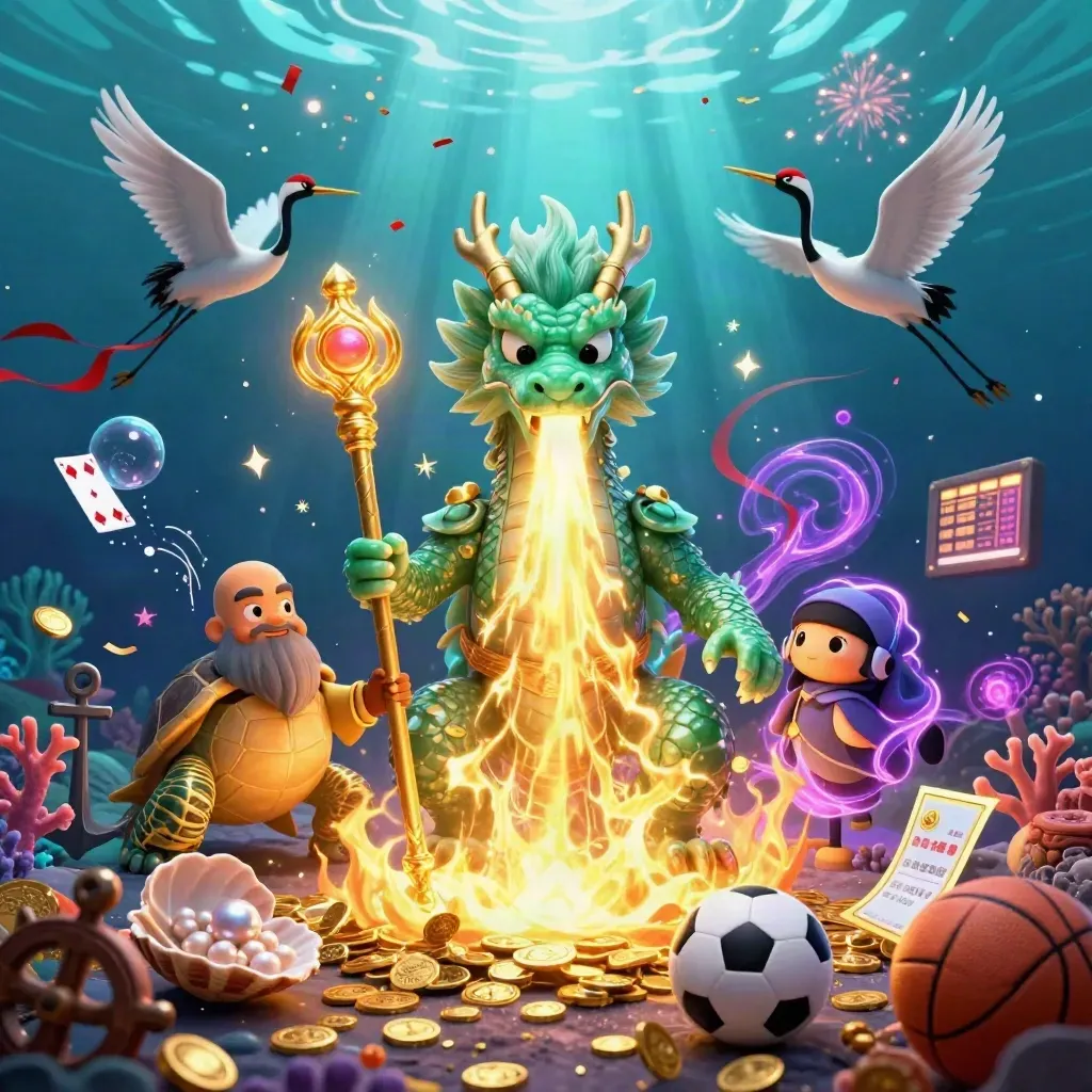 Jade dragon, turtle sage, and cranes amid casino loot and sports balls underwater.