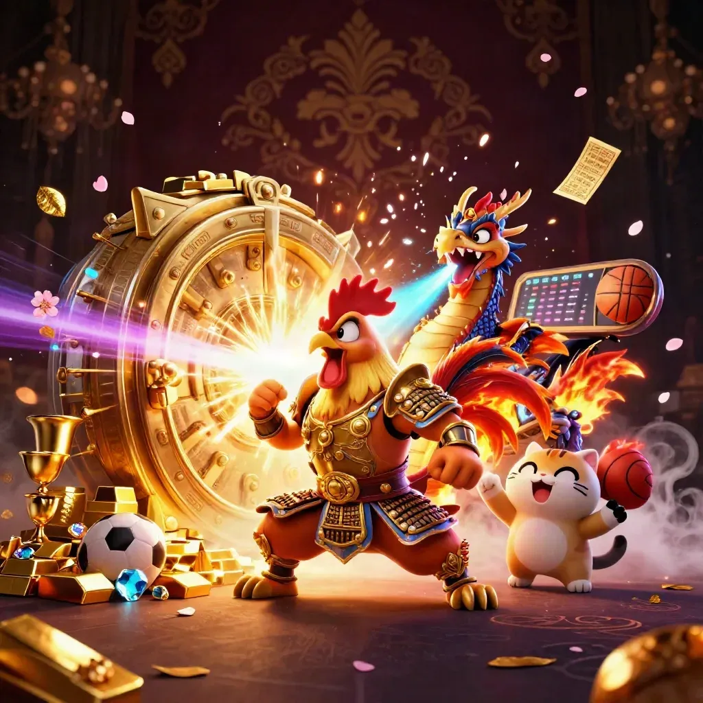 Rooster warrior, dragon hatchling, and fortune cat amid bursting vault gold and casino lights