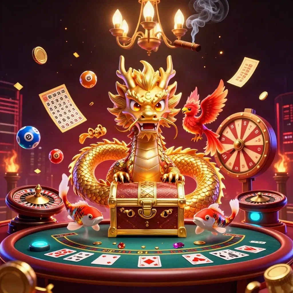 Golden dragon and phoenix casino splash art with spinning wheel, prize balls, and smoky luxe lighting