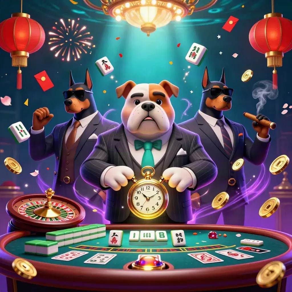 Bulldog boss and Doberman guards amid casino magic, lanterns, coins, fireworks and a spinning roulette wheel.