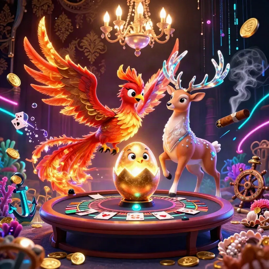 Phoenix, baby phoenix, and crystal stag amid casino-luxury treasure and neon energy