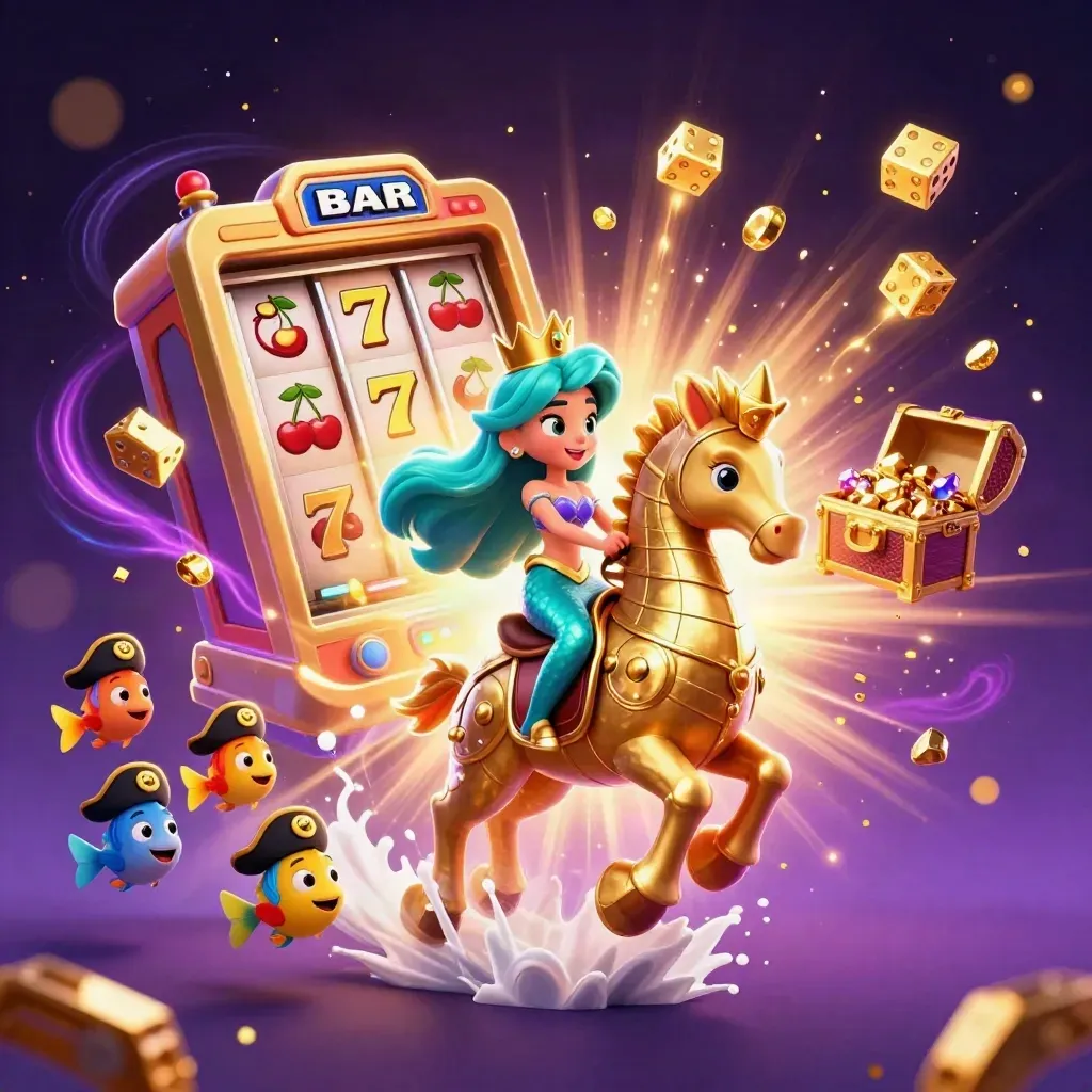 Mermaid princess on armored seahorse amid exploding slot machine, dice, gold, and pirate fish.