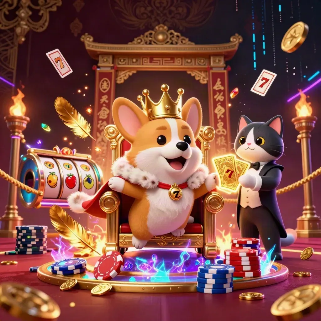 Royal corgi king and cat butler amid gold bursts, neon energy, and casino treasure.