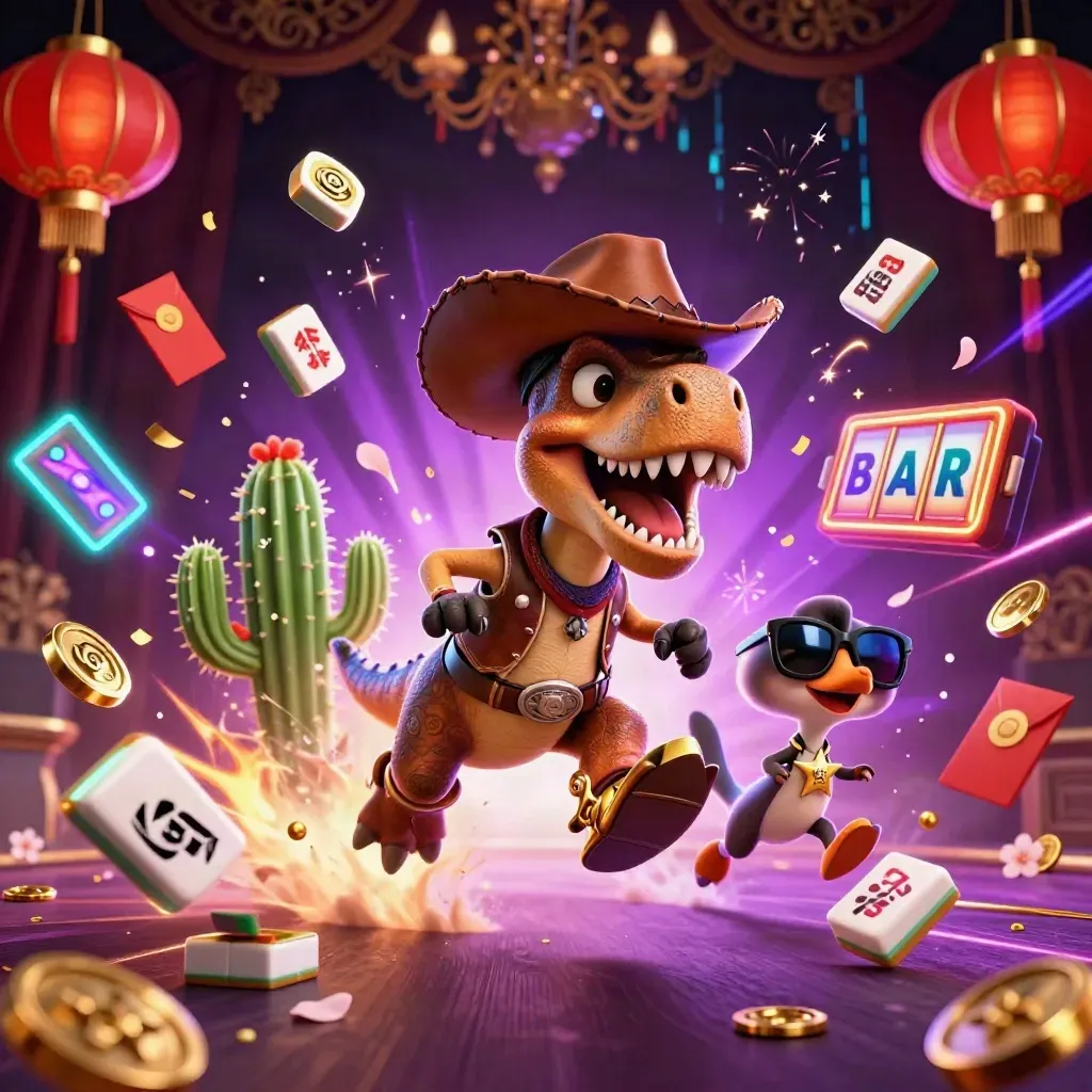 Cowboy T-Rex, cactus sidekick, and sheriff roadrunner amid casino treasure bursts.