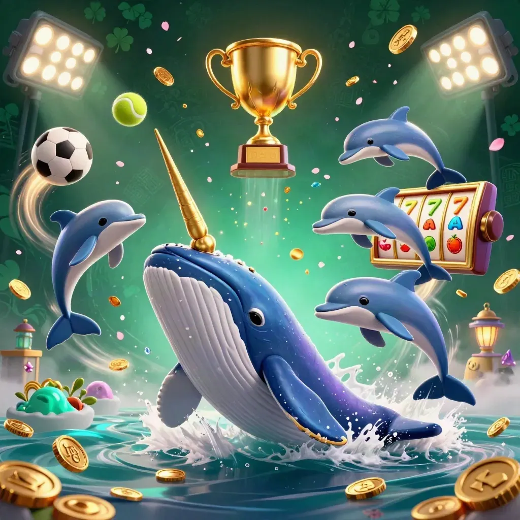 Whale captain, narwhal, and dolphins burst through coins with casino lights and flying sports balls.