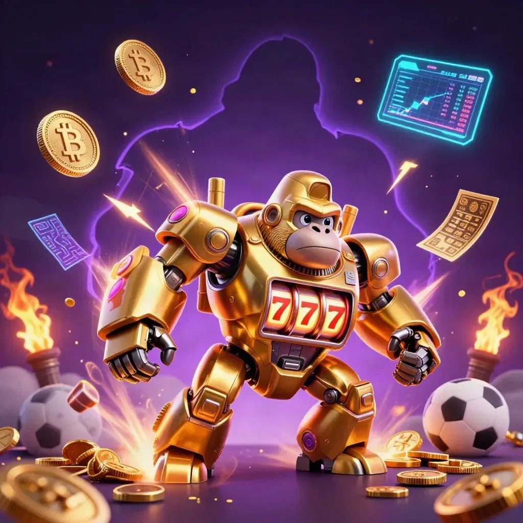 Golden gorilla mech bursts with coins, crypto, sports gear, and fireworks in a neon casino rift.