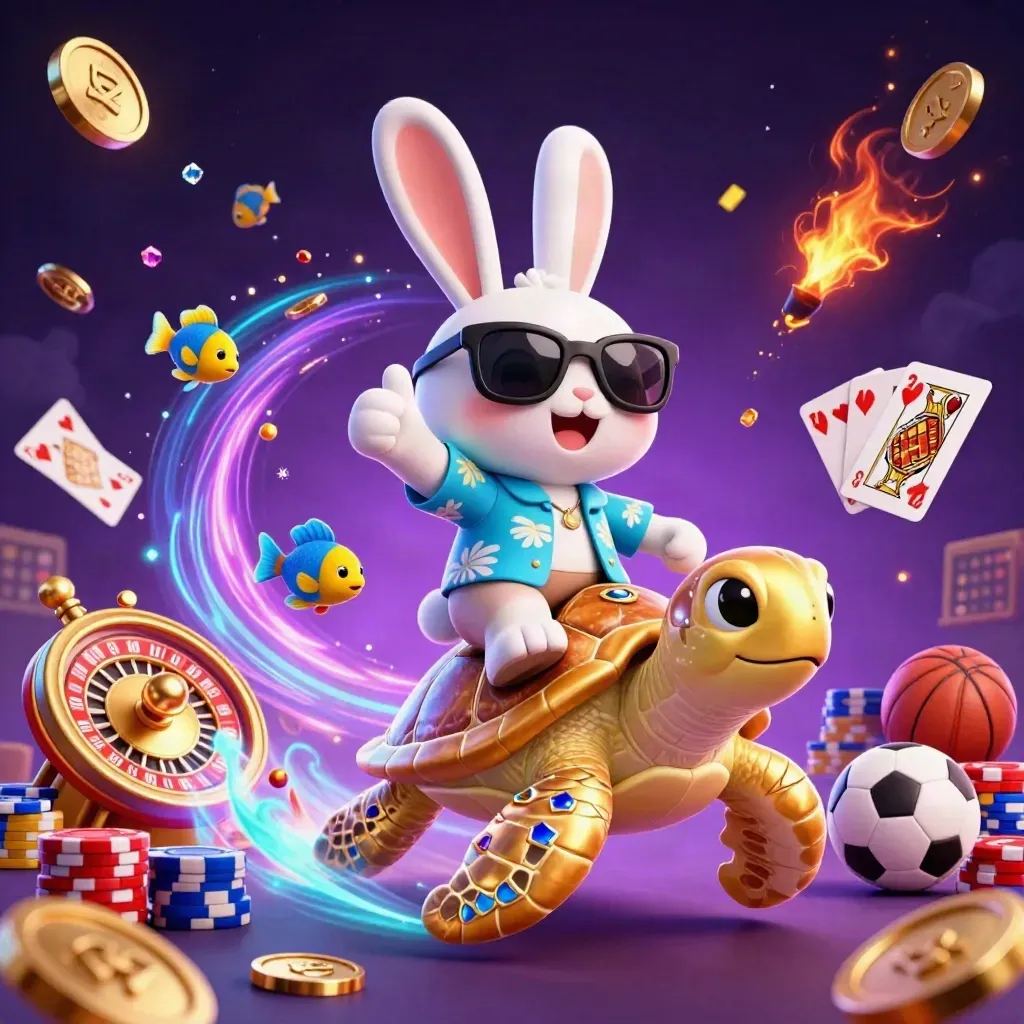 Lucky rabbit on golden sea turtle amid coins, roulette wheel, chips, cards, fireworks, and neon casino glow.