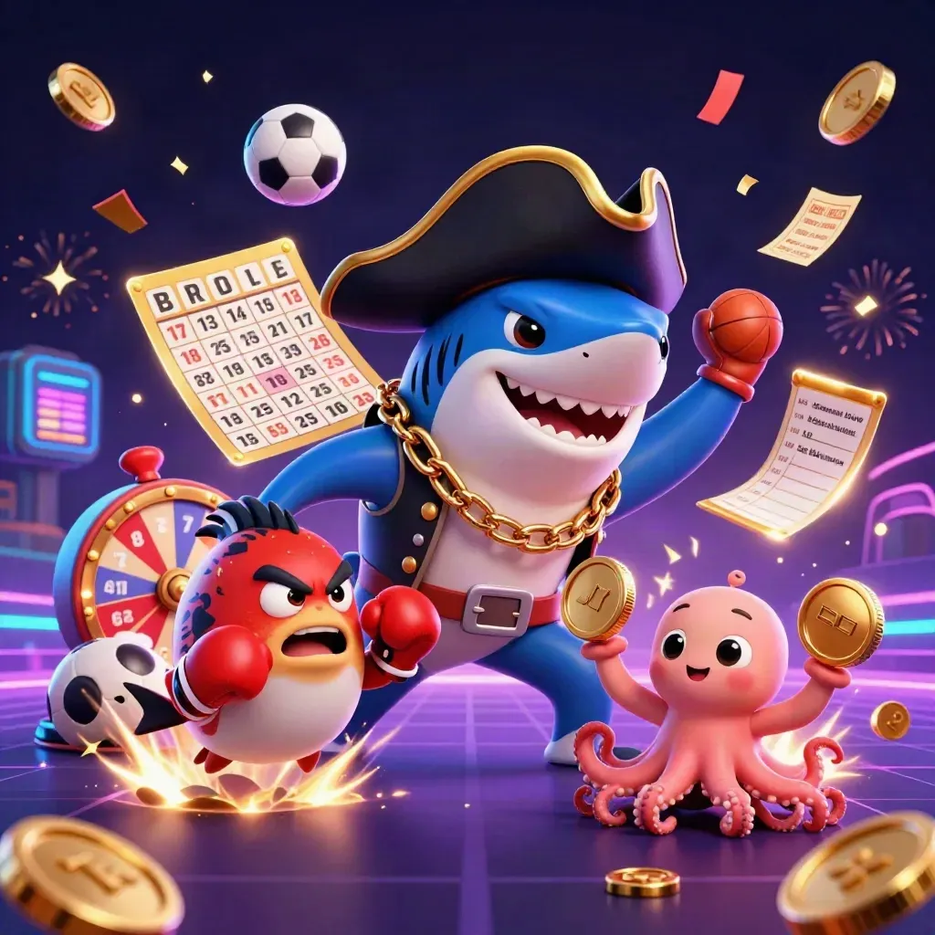 Shark pirate, pufferfish, and octopus amid coins, fireworks, lottery balls, and casino props.