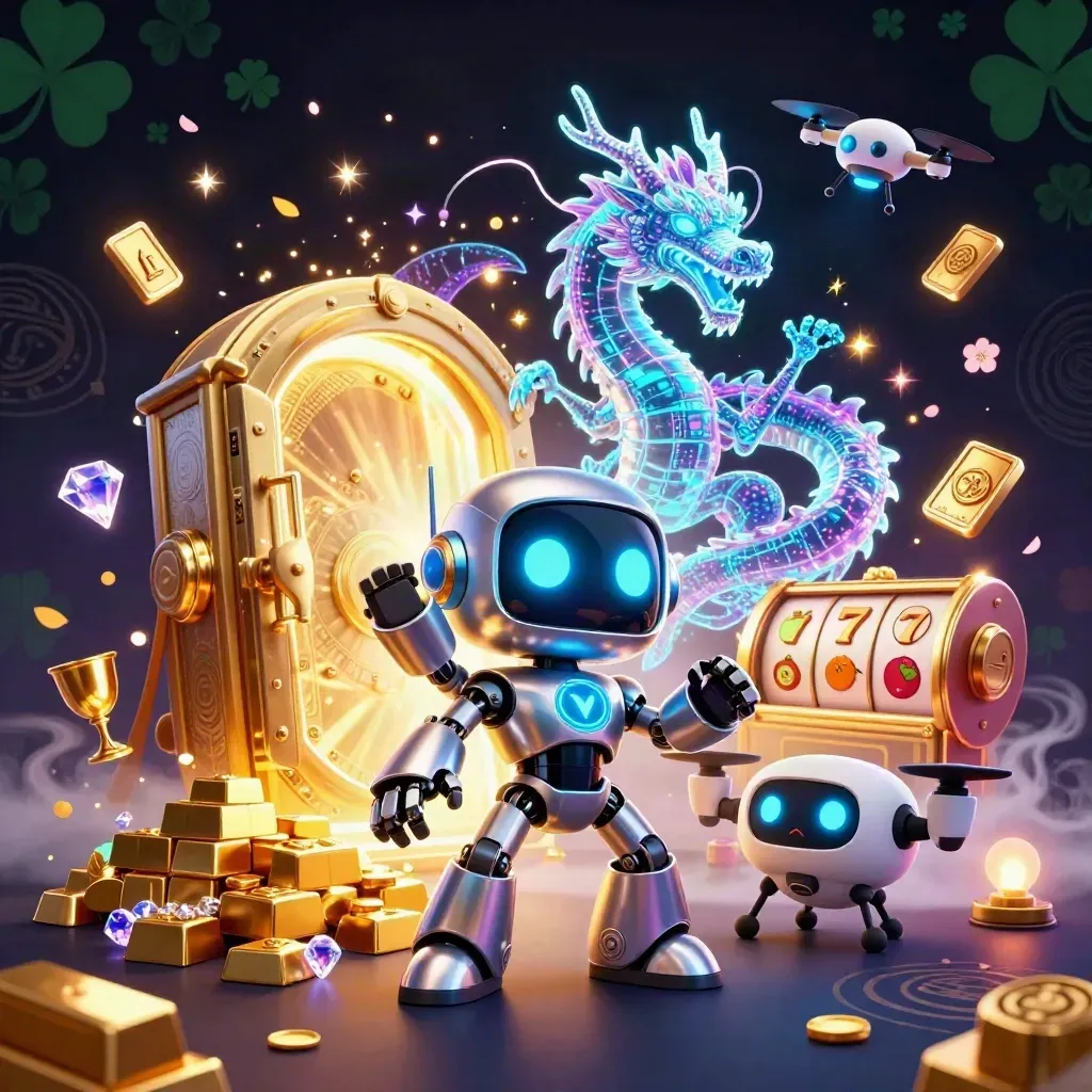 Cyberpunk robot, hologram dragon, and coin drone bursting from a gold vault in neon casino style.