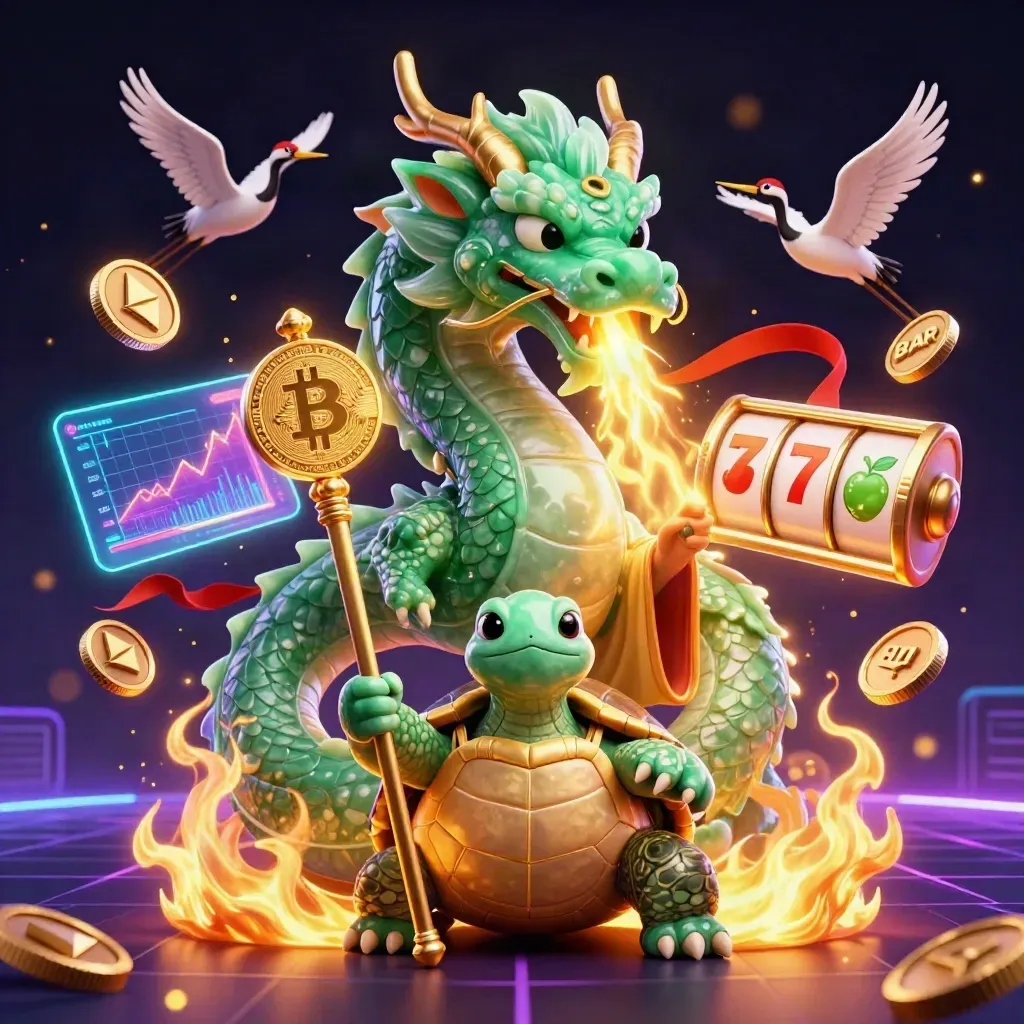 Emerald dragon, turtle sage, and cranes amid casino coins, neon effects, and golden fire.