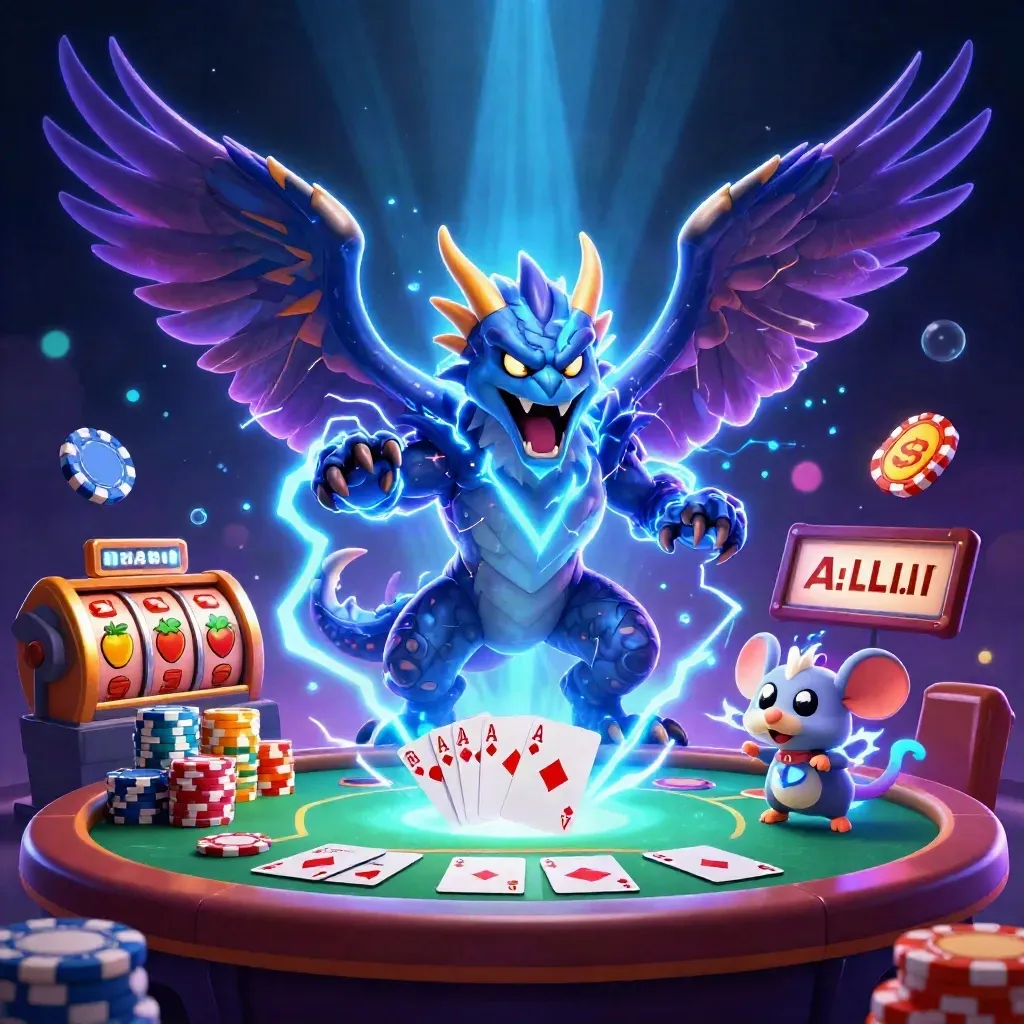 Thunder dragon, wind hawk, and static mouse amid casino cards, chips, reels, and neon lightning.