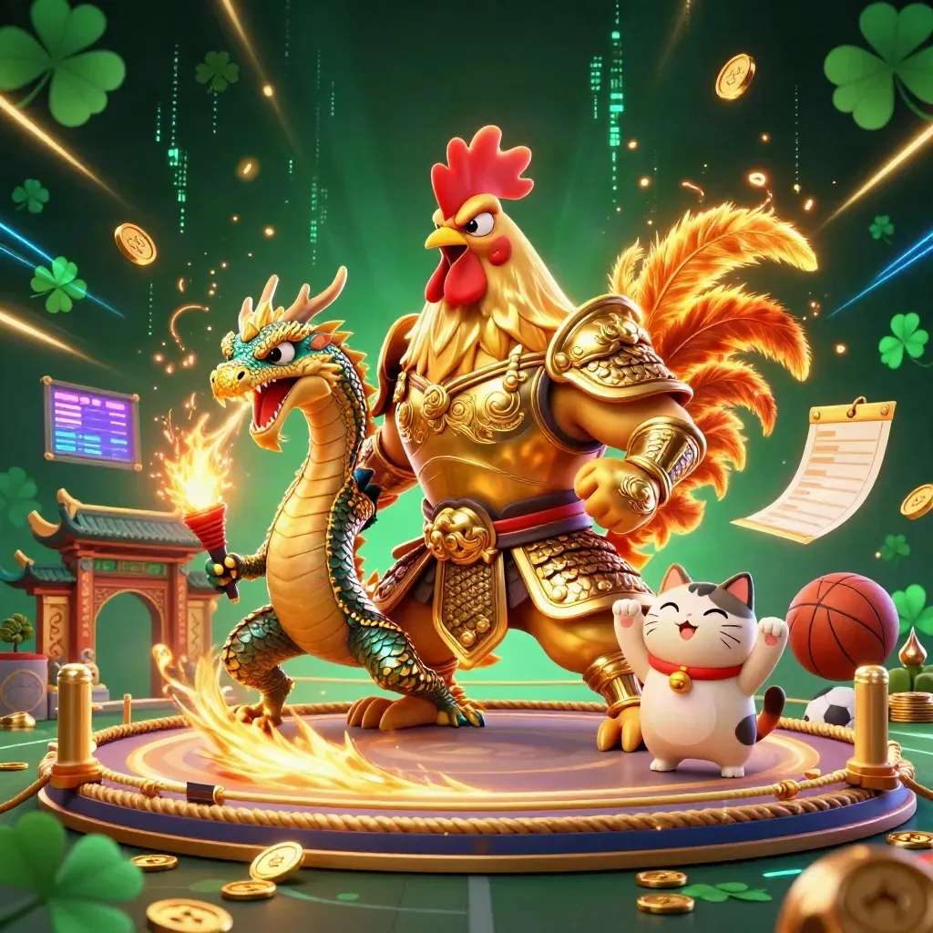 Rooster warrior, dragon hatchling, and fortune cat amid casino sparks, coins, and neon light.