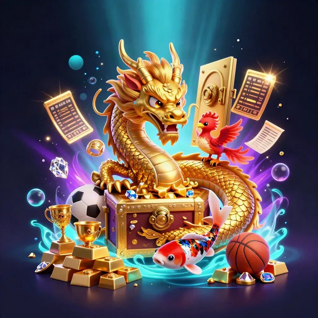 Golden dragon with phoenix and koi amid treasure, sports balls, and neon casino glow.