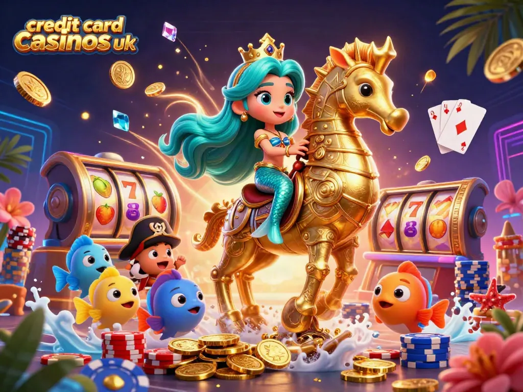 Experience the thrill of credit card casinos uk with vibrant characters and casino elements in a dynamic underwater scene.