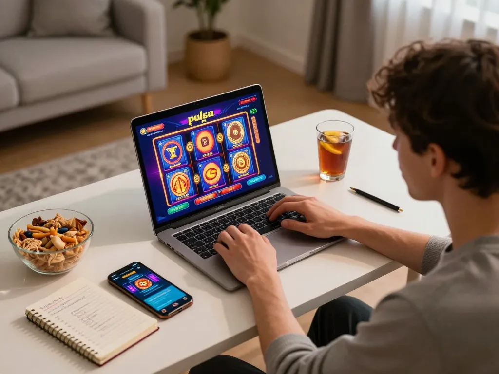 Sesi judi online yang menarik dengan permainan slot pulsa ditampilkan di laptop dalam suasana rumah yang nyaman.