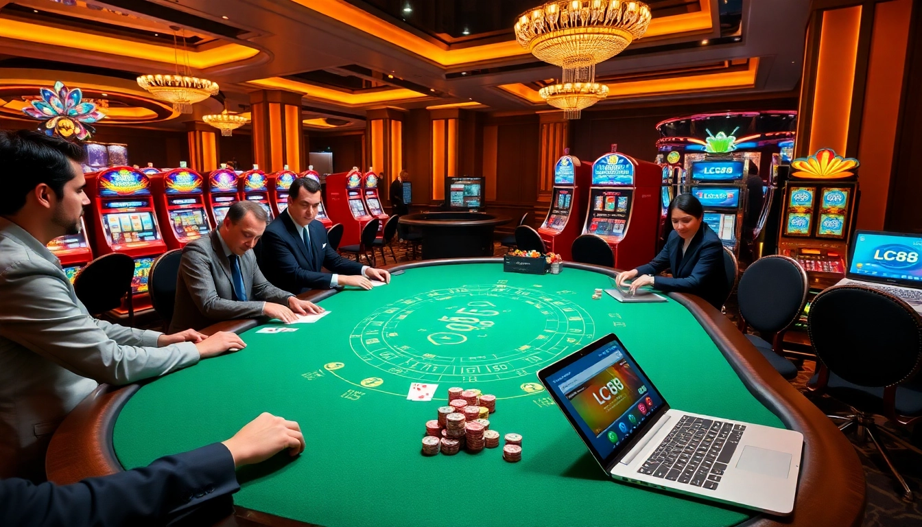 Players enjoying a thrilling blackjack game at LC88 Casino, surrounded by vibrant slot machines and luxury.