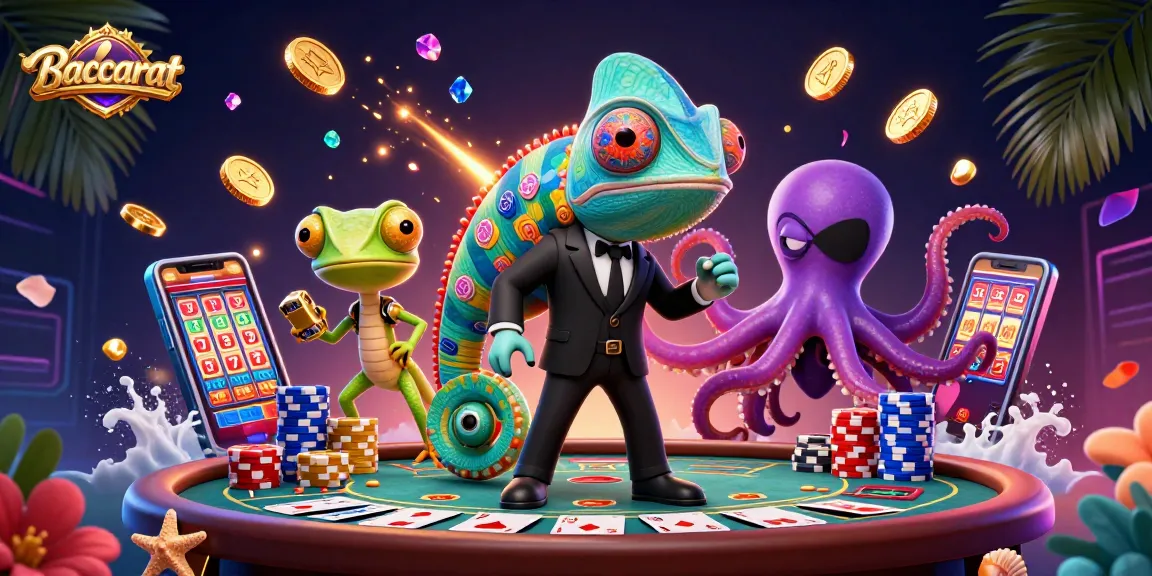 Baccarat gaming scene with a playful Bond-style agent and energetic companions, showcasing colorful casino elements.