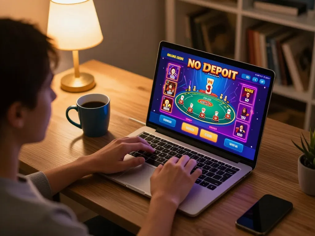 Playing Online Casino No Deposit games on a laptop at home, showcasing a cozy gaming setup