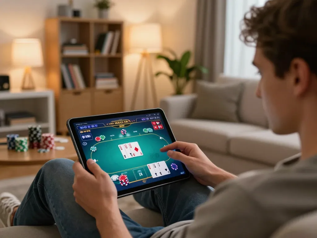 Engaged player using tablet at home with nhà cái kuwin poker game interface displayed on the screen