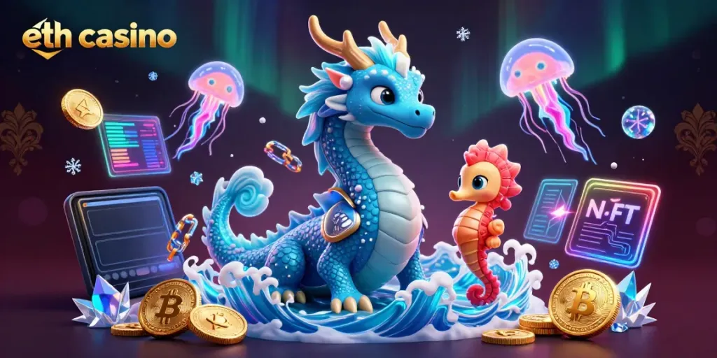 Play at eth casino with a dragon and seahorse knight surrounded by crypto coins and neon jellyfish.