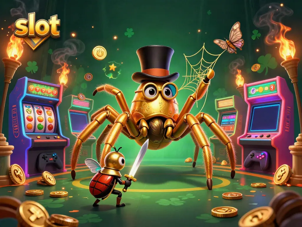 Slot menarik dengan laba-laba emas dan ksatria kecil, dikelilingi mesin arcade berkilau.