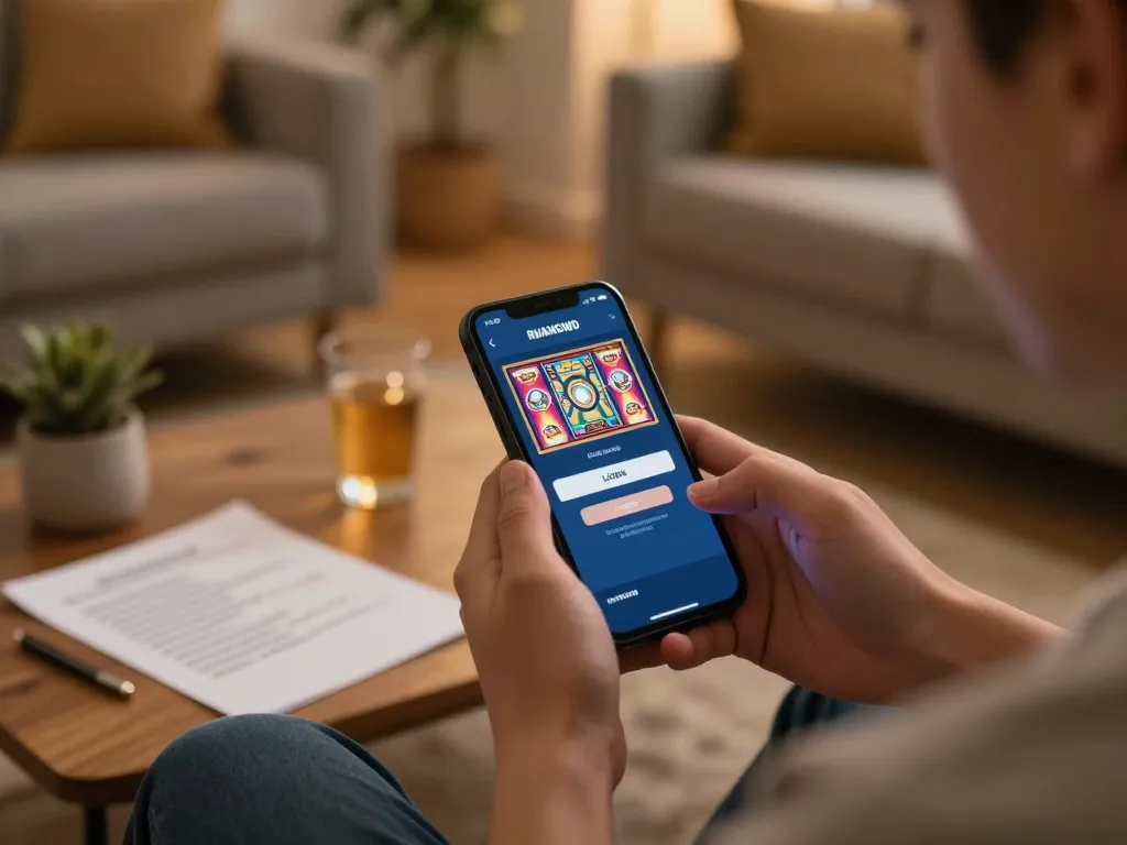 Player engaging with RUANGWD LOGIN on mobile for exciting slot games in relaxed home setting