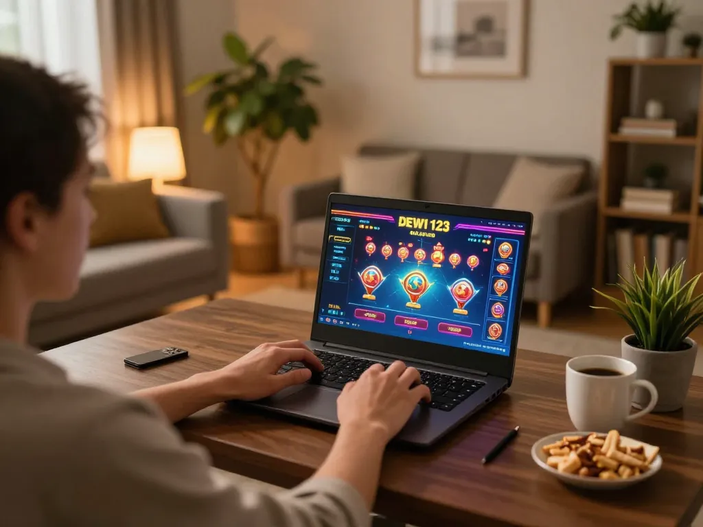 Pemain yang terlibat menjelajahi permainan kasino online DEWI123 selama sesi permainan di rumah.