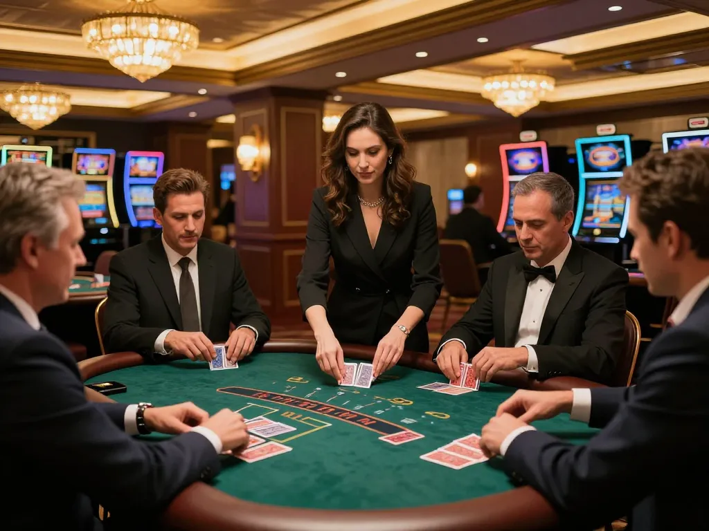uu88 players strategically placing bets at a luxurious blackjack table in a high-end casino atmosphere.