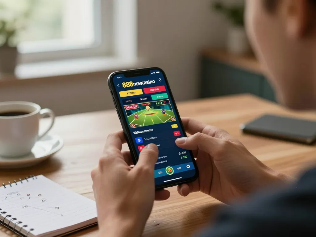 Betting on live odds with 888newcasino mobile app in a cozy home office environment.