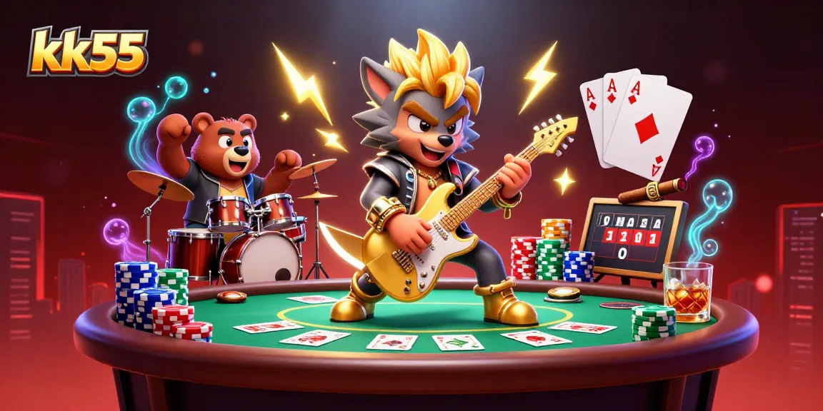 kk55-themed vibrant casino illustration showcasing a rock star wolf and drummer bear at a poker table