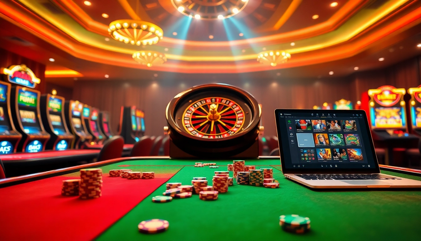 Engaging scene at Nhà Cái DEBET with poker chips and roulette wheel highlighting online gambling.