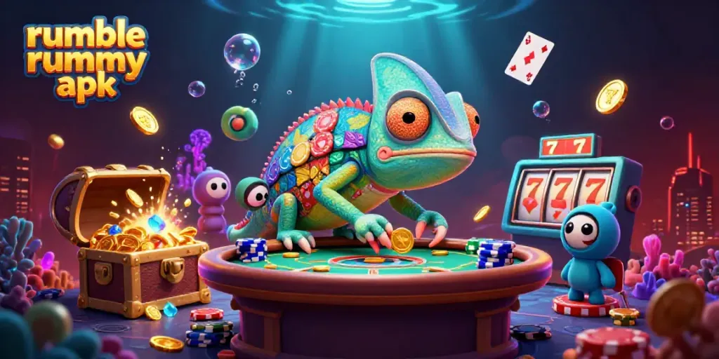 Engage with Rumble Rummy APK, featuring a colorful chameleon casino owner amidst vibrant slots and gold coins.
