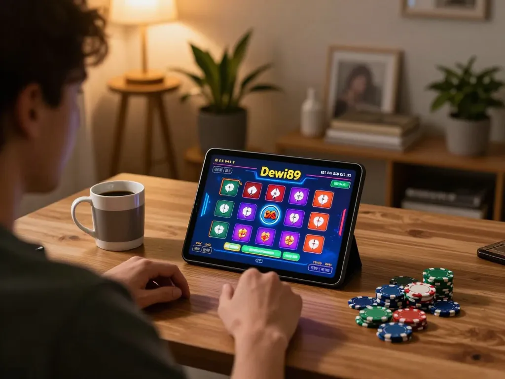 Pengalaman bermain Dewi89 di tablet dikelilingi oleh chip dalam lingkungan rumah yang nyaman.