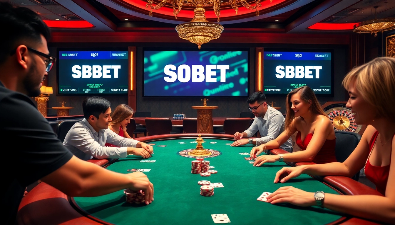 Players engaging in high-stakes poker at an SBOBET branded casino table, with vibrant decor and thrilling atmosphere.