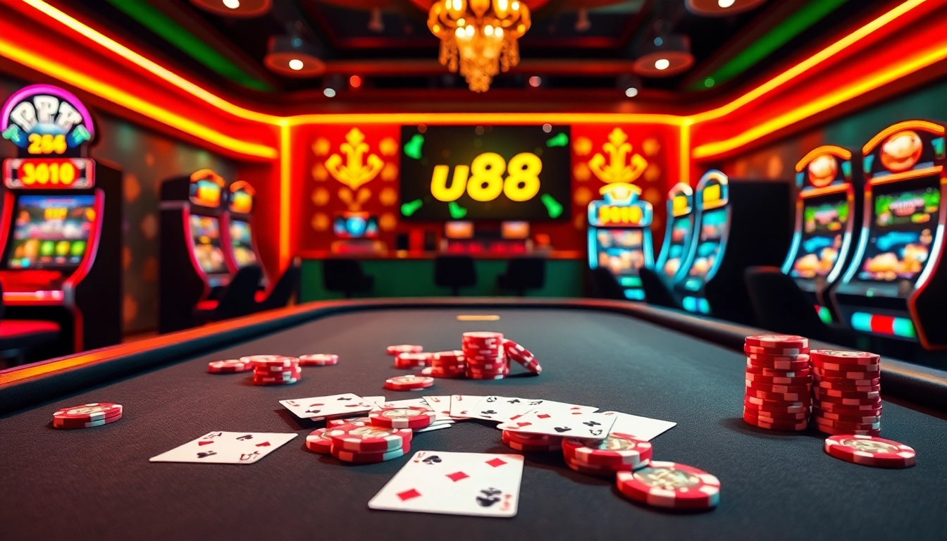 Win big at uu 88 in a luxurious casino setting featuring vibrant poker chips and high-end slot machines.