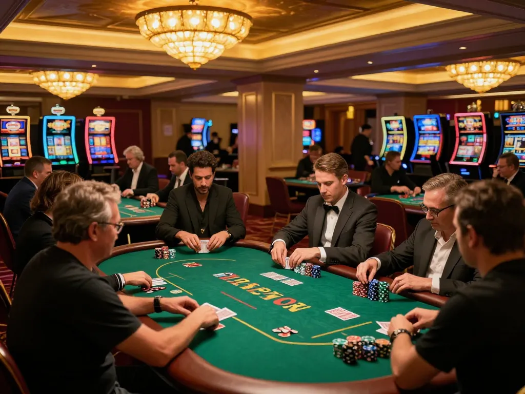 Engaged players at TG88 poker tables enjoying a sophisticated casino atmosphere with vibrant lights.