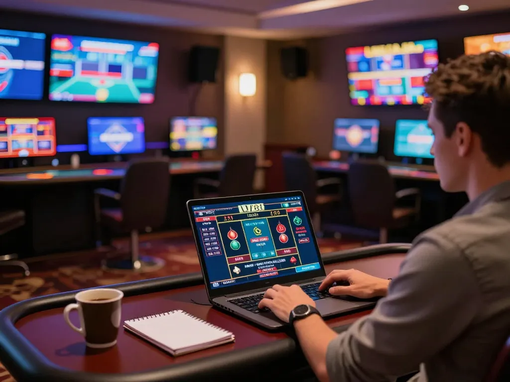 Engaging in strategic gameplay at LV88 online casino setup with vibrant lighting.