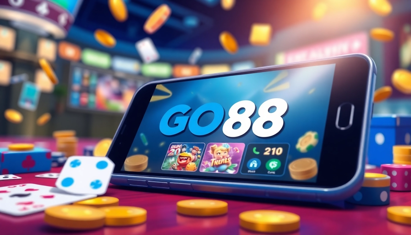 Tải GO88 app on a mobile device showcasing vibrant gaming graphics.