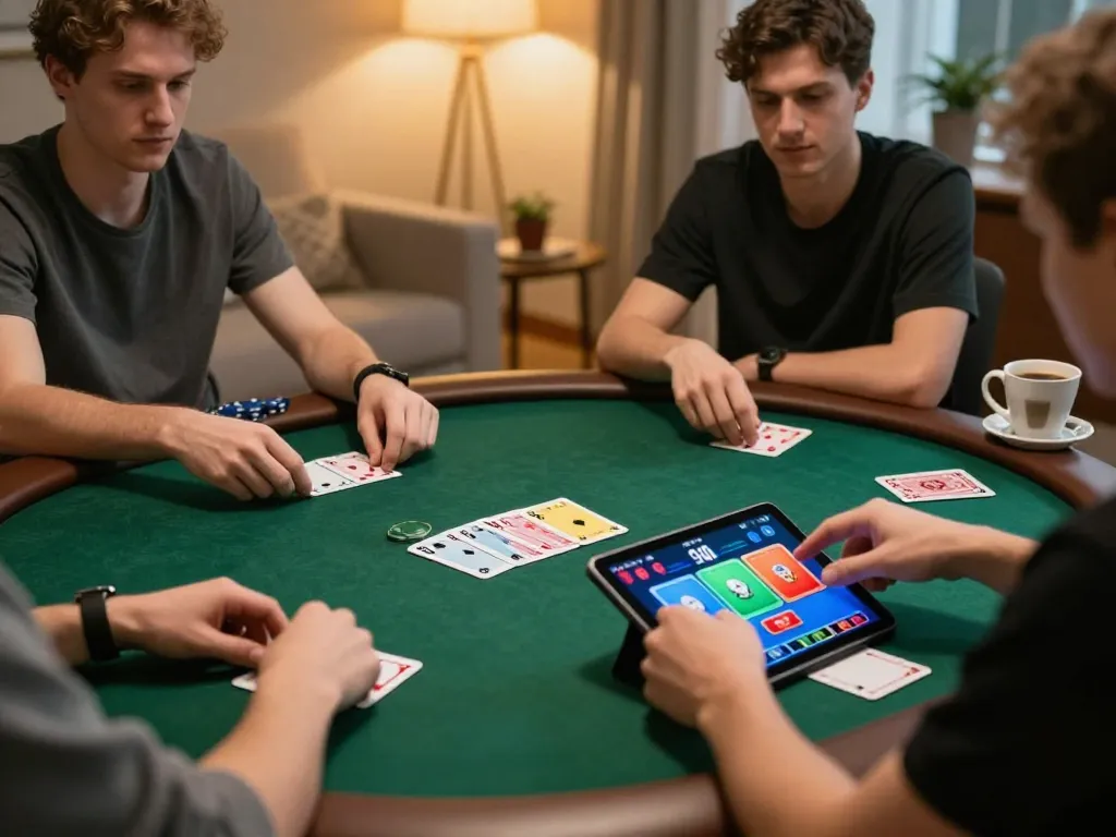 Engaging online poker session on a tablet in a cozy living room, showcasing the excitement of RR88 NAVY.