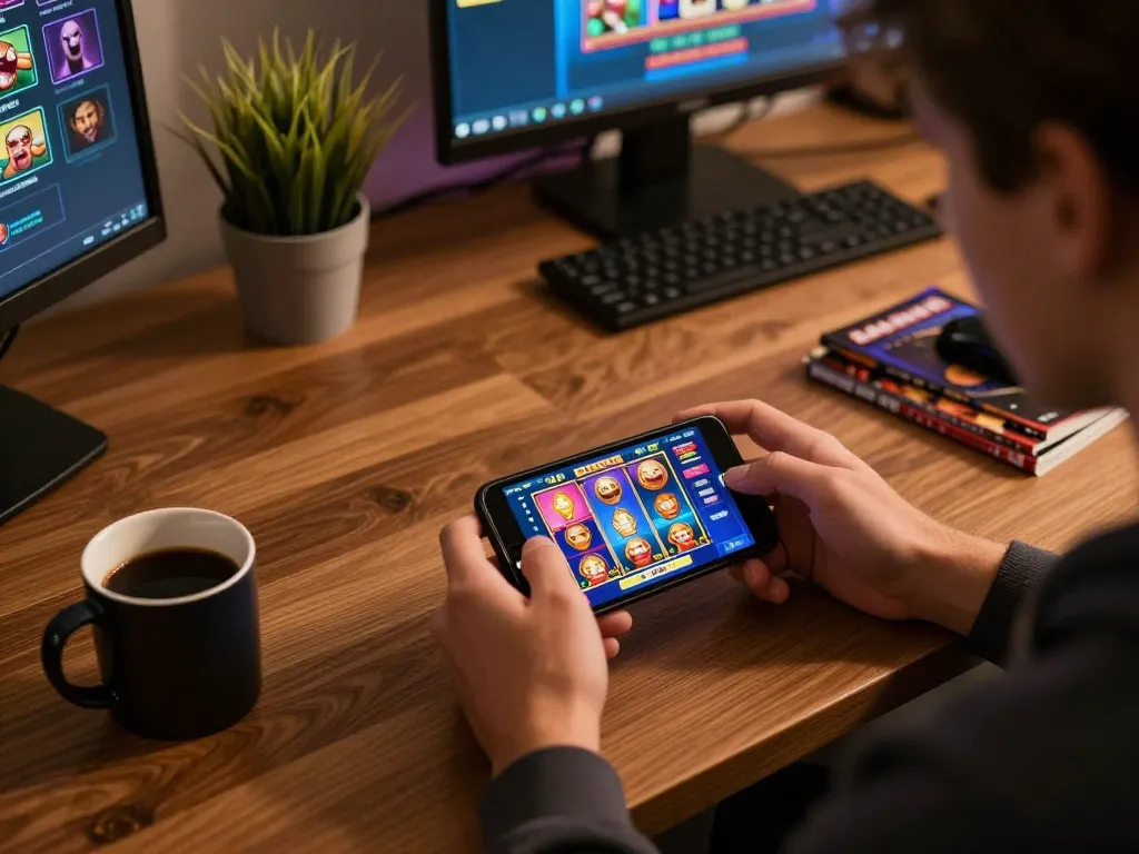 Engaging mobile gaming scene showing a player enjoying situs slot experience on smartphone, illustrating responsible gambling.