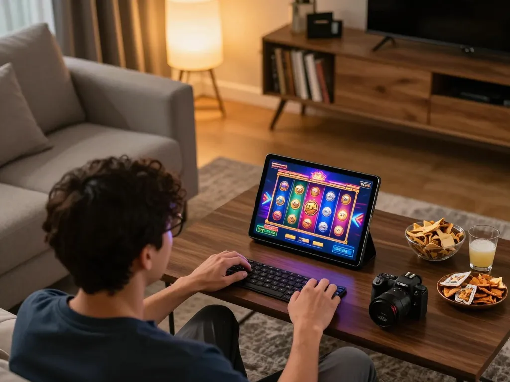 Engaging with an online casino app showcasing exciting slot games at a home gaming setup, promoting responsible gambling