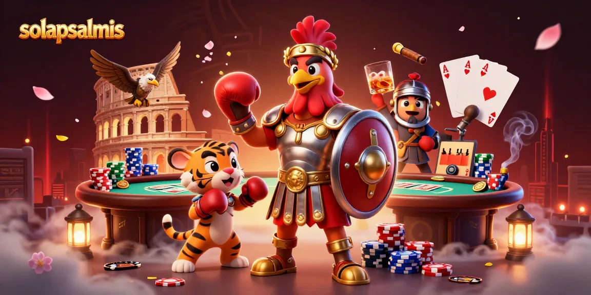 Experience solapsalmis gameplay with a vibrant illustration featuring gladiators and casino elements.