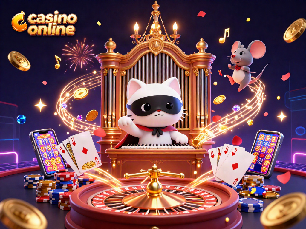 Engage with the excitement of casino online gaming, featuring a whimsical 3D illustration with a masked cat and acrobat.