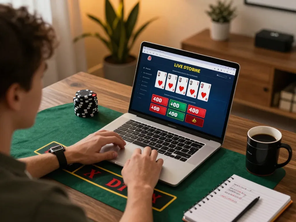 Player engaging in live dealer blackjack on 123B MVP, showcasing strategic gameplay in a cozy home atmosphere.