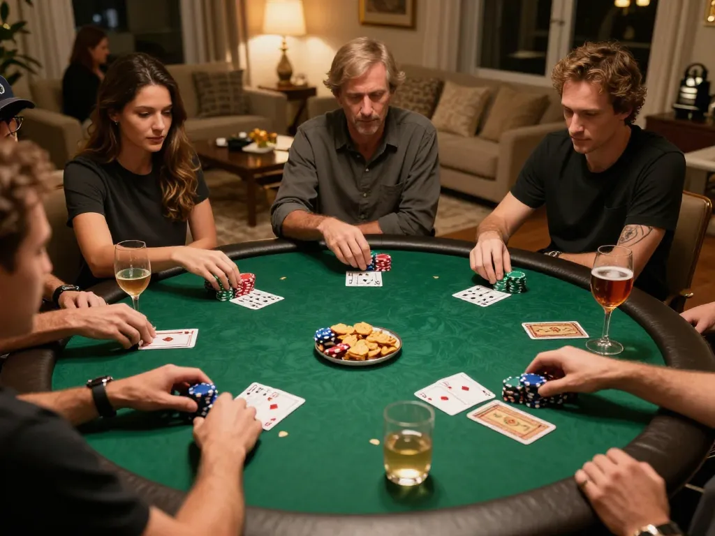 Engaged players at shbet.free poker night, showcasing colorful chips and community cards in a cozy atmosphere.